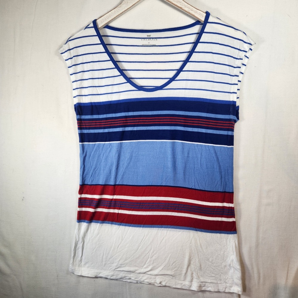 Talbots Womens Medium Blue Red White Striped Rayon Scoop Neck Cap Sleeve Top